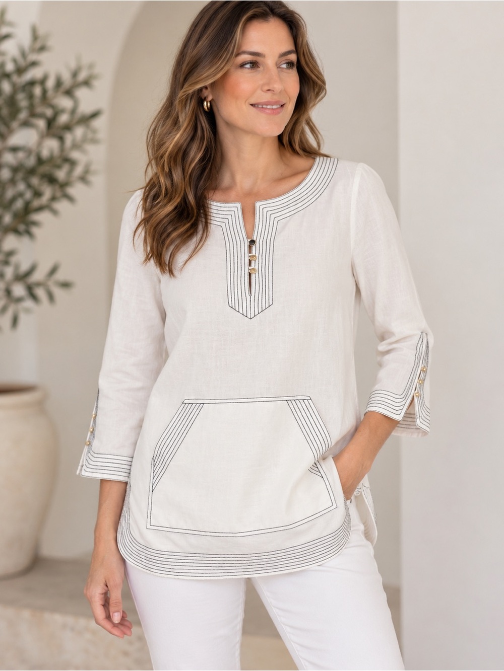 Tory Burch Tunic Top Embroidered Ivory Linen Blend Women 8 Coastal Beach Resort